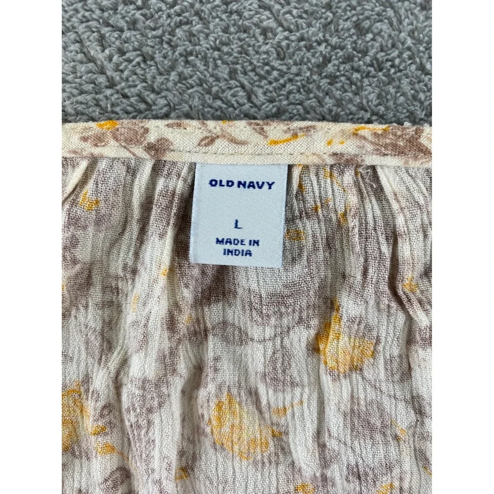 Old Navy Girls Large Floral Gauze Flutter Sleeve Tie Neck Boho Top‎ Cream Brown